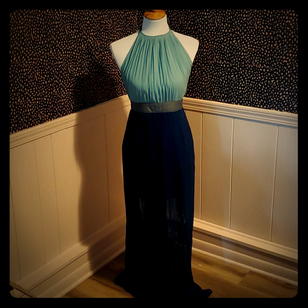 Blue Pleated Chiffon Halter Dress